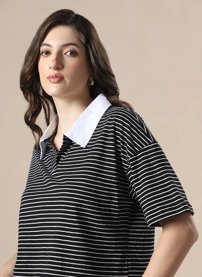 globus Globus Women White & Black Striped Collared Neck Short Sleeves Boxy Fit T-Shirt
